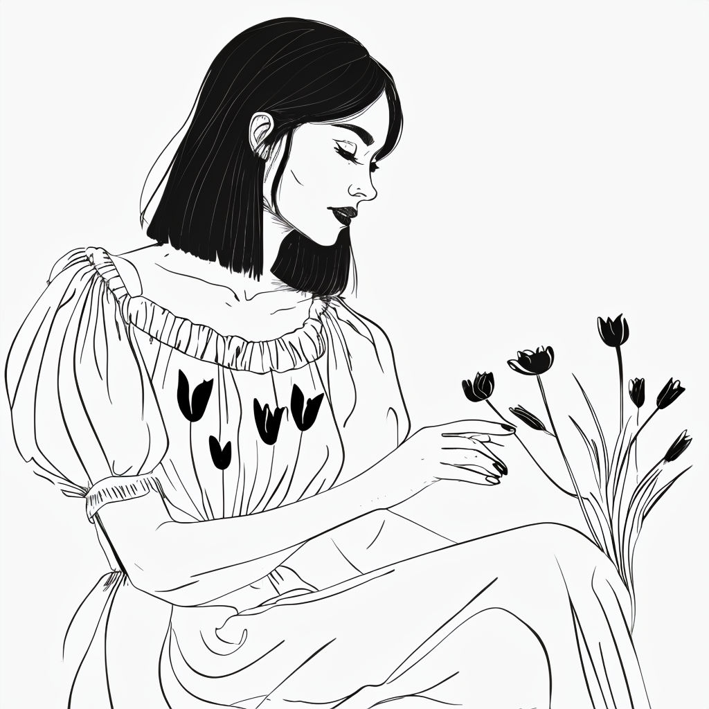 Contemplative Woman Reaching for a Flower Line Art Illustration Art