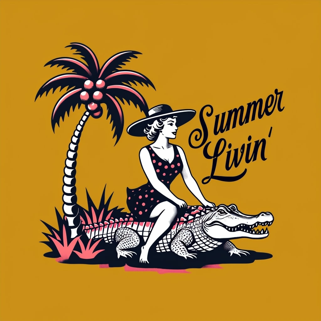 Whimsical Vintage Woman Riding Alligator T-Shirt