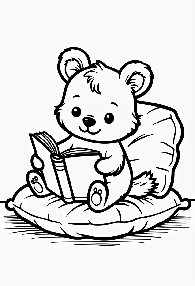 Cozy Cartoon Reading Scene with Friendly Animal Coloring Page