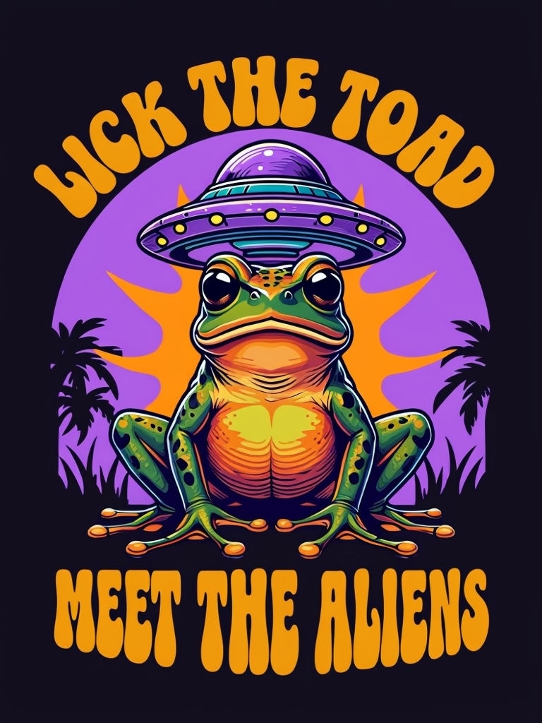 Vibrant Frog and UFO Cartoon with Lick the Toad Text T-shirt