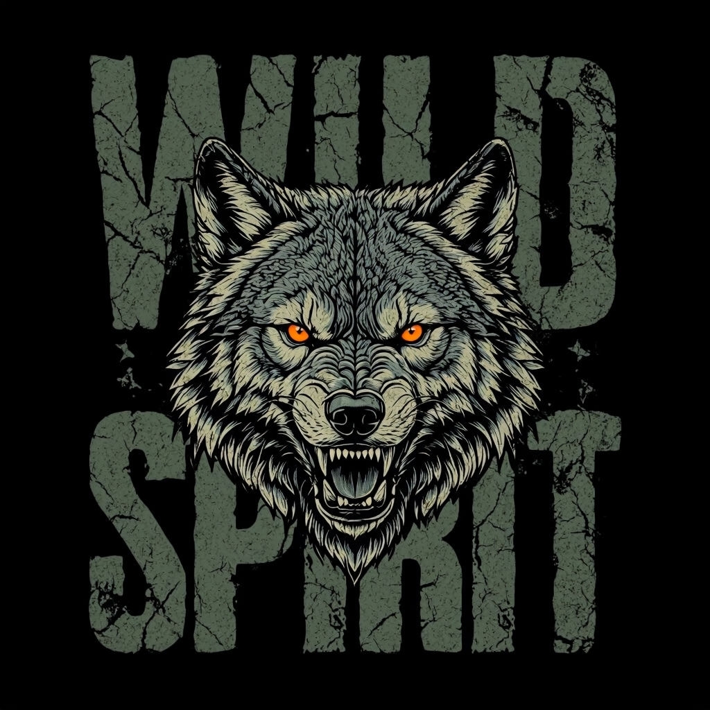 Fierce Grey Wolf with WILD SPIRIT Text T-Shirt Design