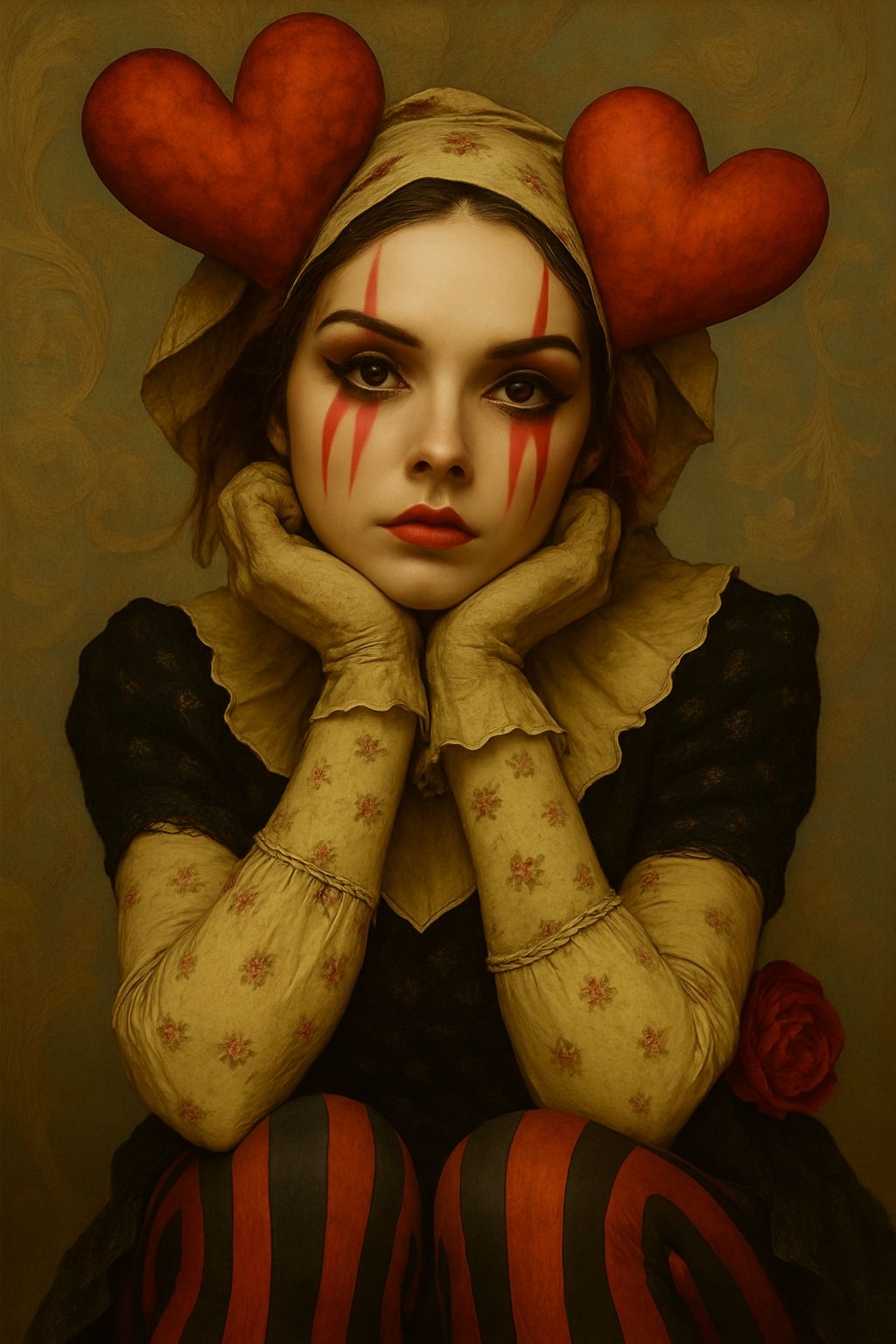 Theatrical Clown Makeup Portrait with Floral Accents Art