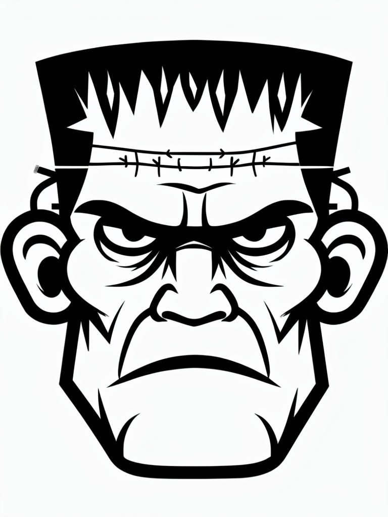 Cartoon Frankenstein Monster Head Illustration for Coloring Book Pages