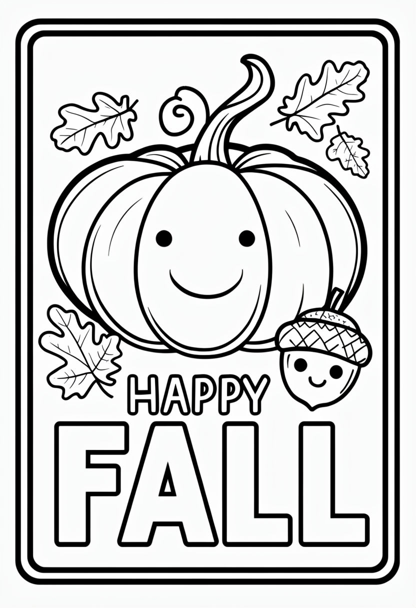 Cheerful Pumpkin and Acorn Happy Fall Coloring Book Page