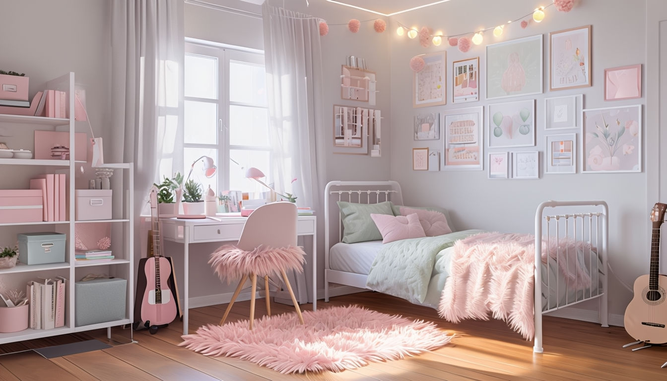 Cozy Pink Girl's Bedroom with Creative Study Area Art