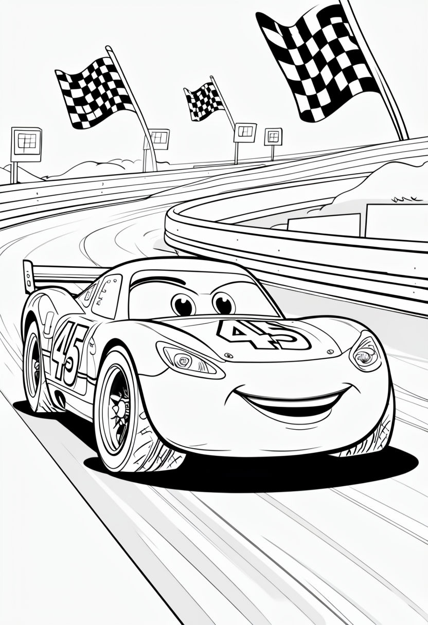 Happy Race Car Coloring Book Page Illustration