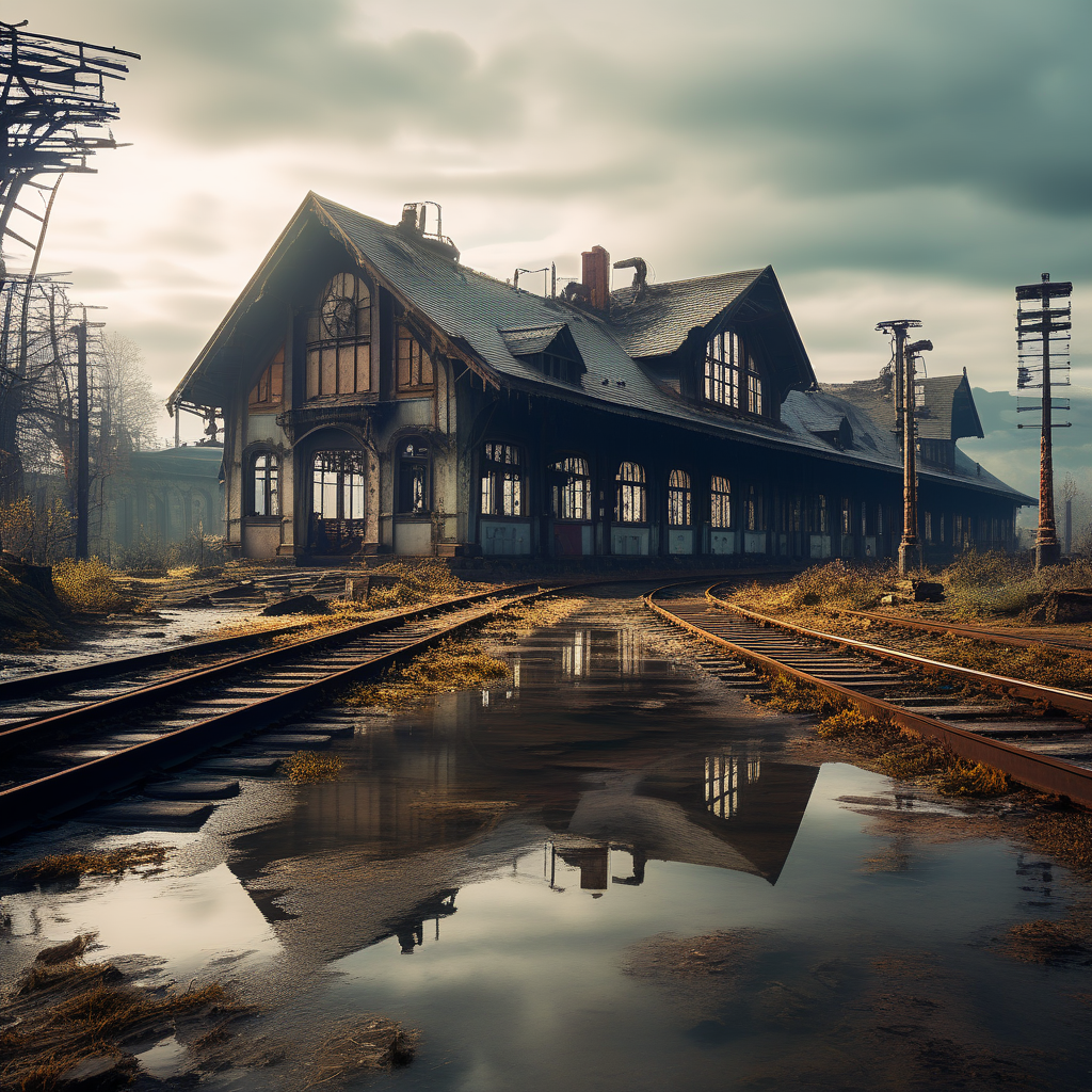 Abandoned creepy and sad railway station in a dystopian worl... by
