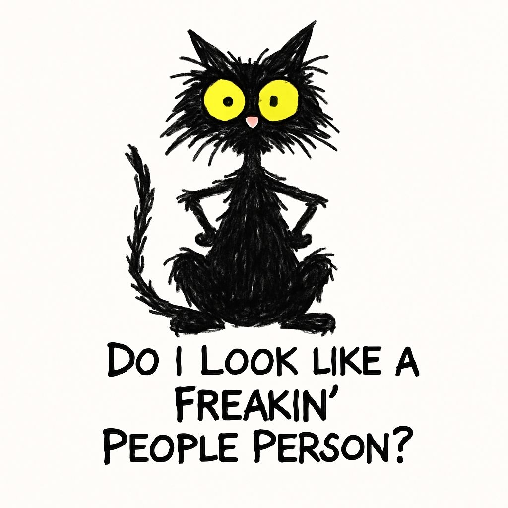 Whimsical Black Cat with Humorous Text Cartoon Sticker
