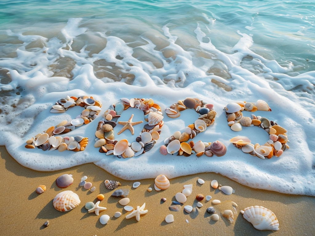 Serene Beach 2025 Shell Arrangement with Starfish Artwork Social Media Post