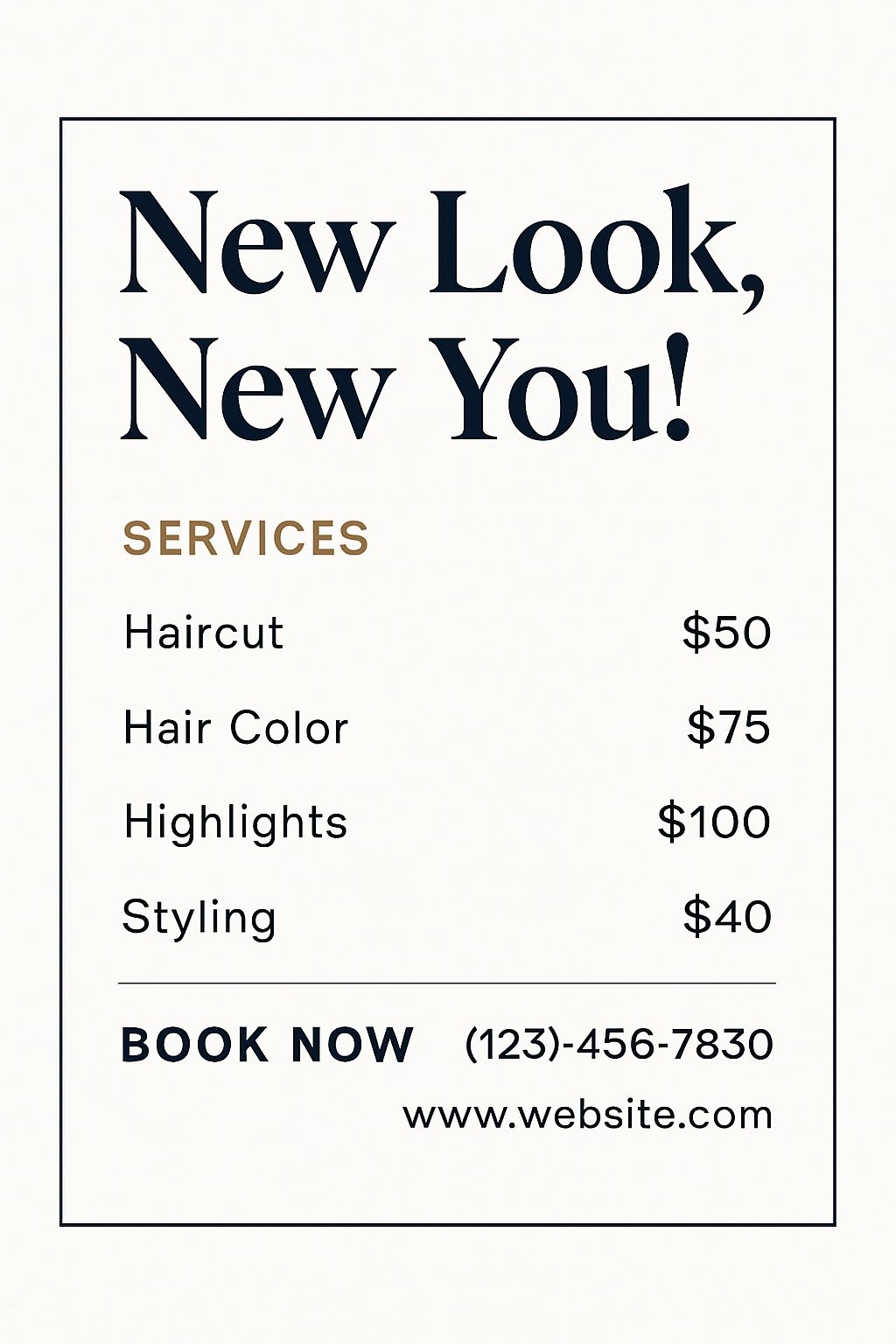 Modern Minimalist Hair Services Flyer with Booking Details