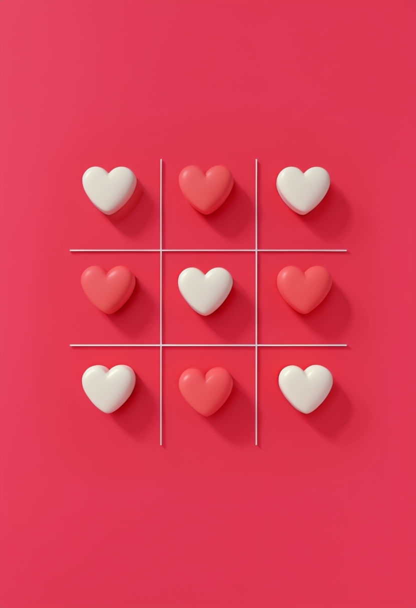 Minimalist 3D Heart Tic-Tac-Toe on Scarlet Background Poster