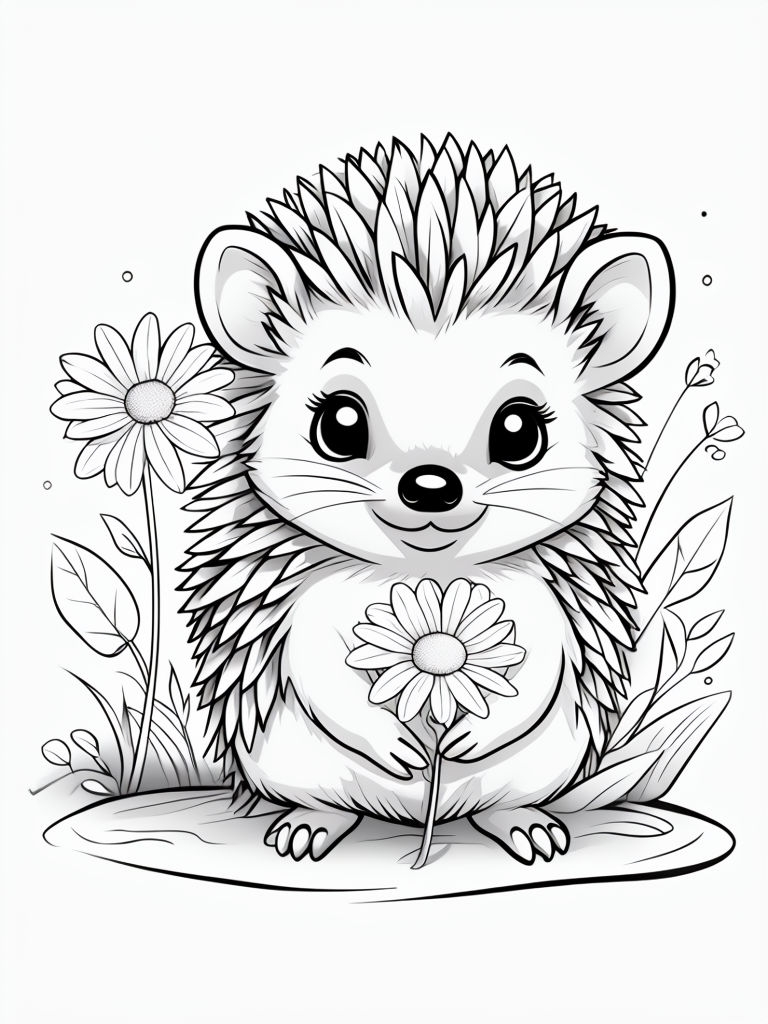 Adorable Cartoon Hedgehog with Daisy Flower Line Art Coloring Book Pages