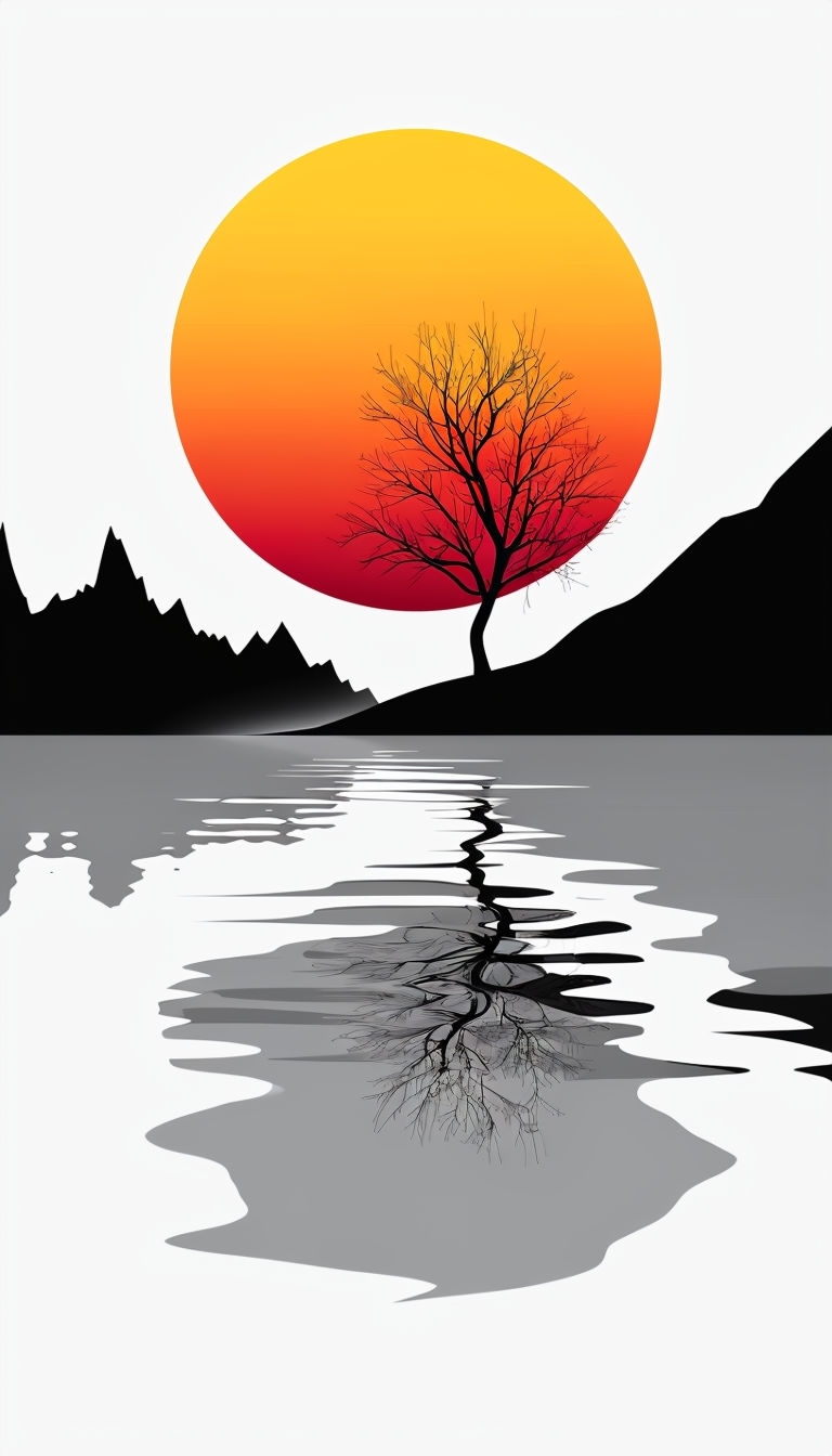 Serene Minimalist Landscape with Sunset and Silhouettes Mobile Wallpaper