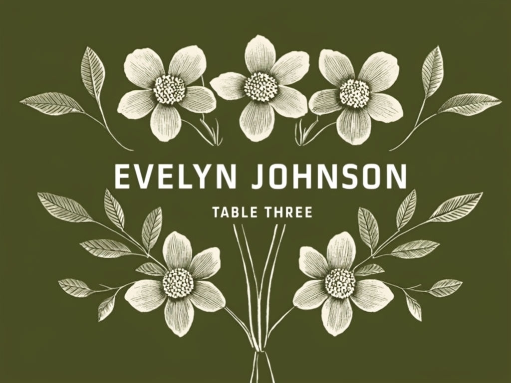 Elegant Botanical Name Card Design Featuring Flowers and Leaves Event Sign