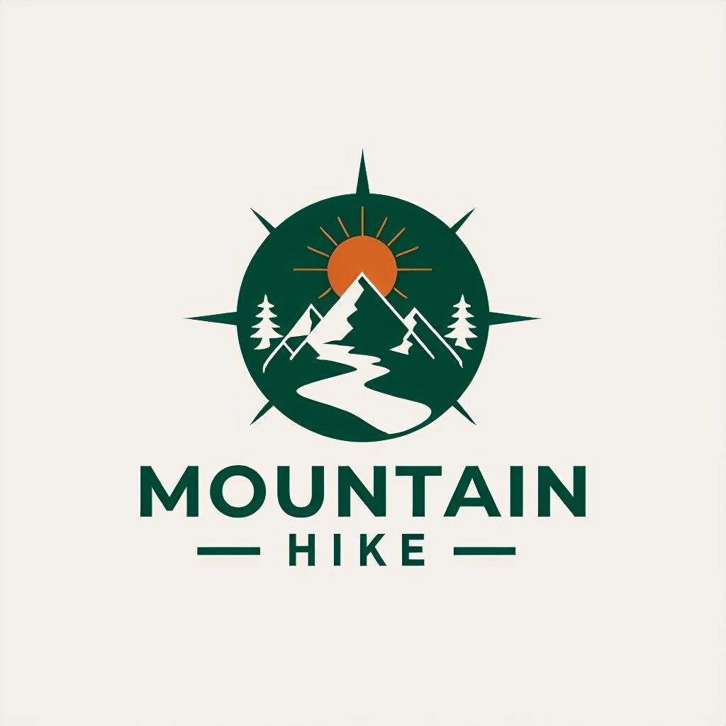 Minimalist Mountain Hike Logo with Sun and River Design