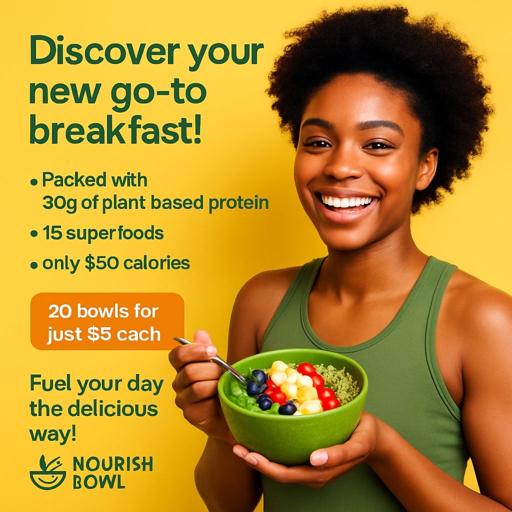 Energized Young Woman Holding Nourish Bowl Smoothie Ad