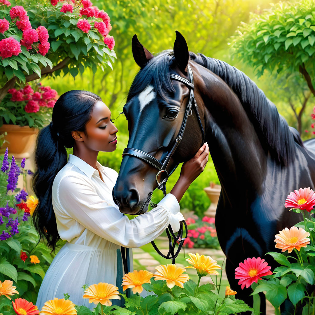 A woman showing his love and care for a black beautiful hors... by ...