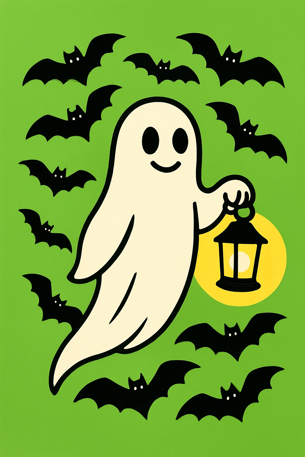 Friendly Cartoon Ghost with Lantern and Bats Halloween Poster