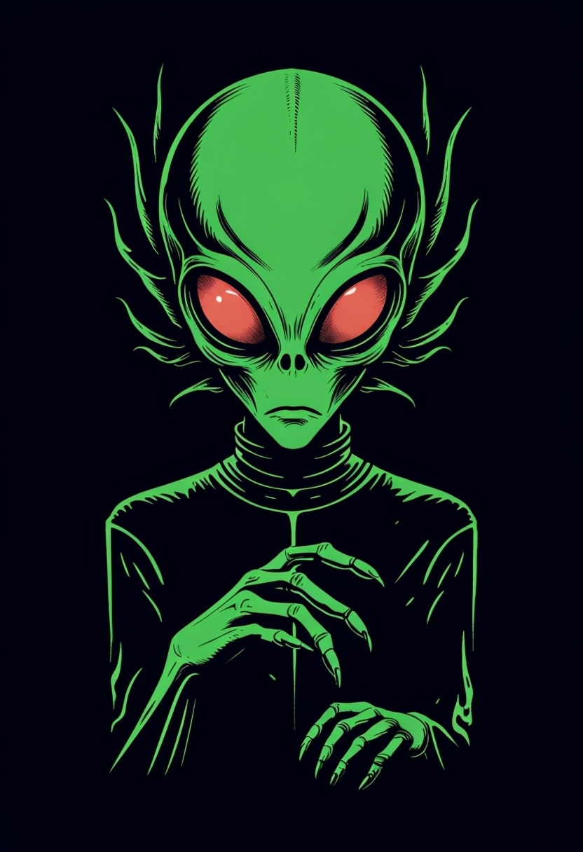Eerie Vintage Horror Green Alien Illustration T-Shirt