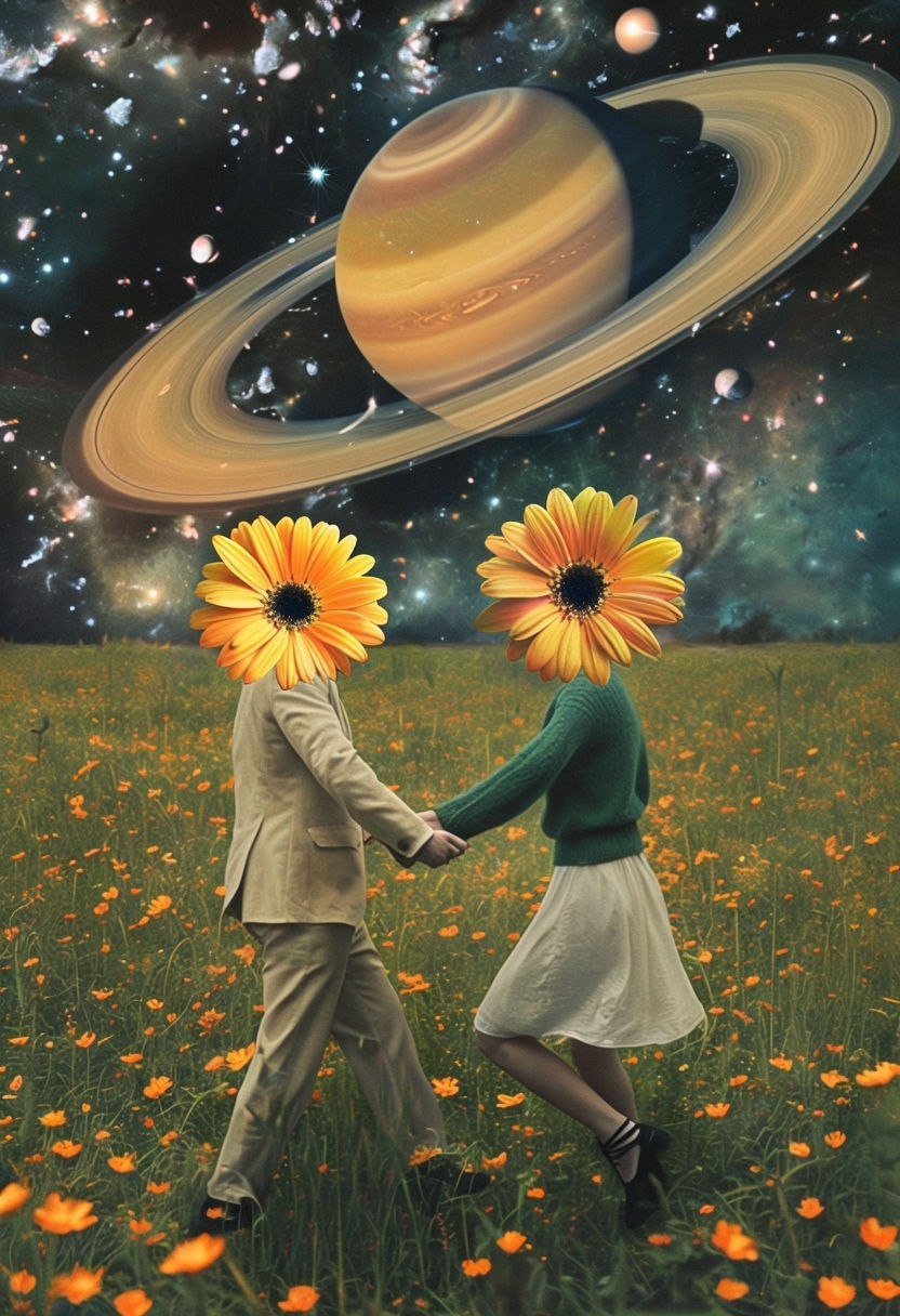 Surreal Dancing Figures in Cosmic Daisy Meadow Art