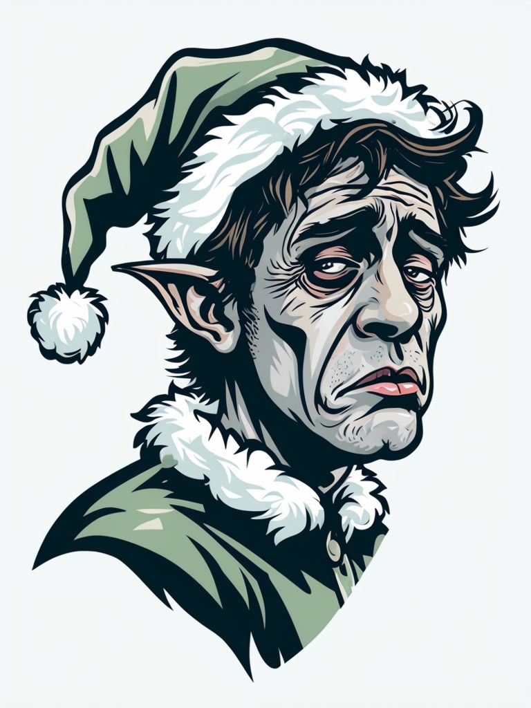 Exhausted Christmas Elf Caricature Illustration for Holiday Humor Meme