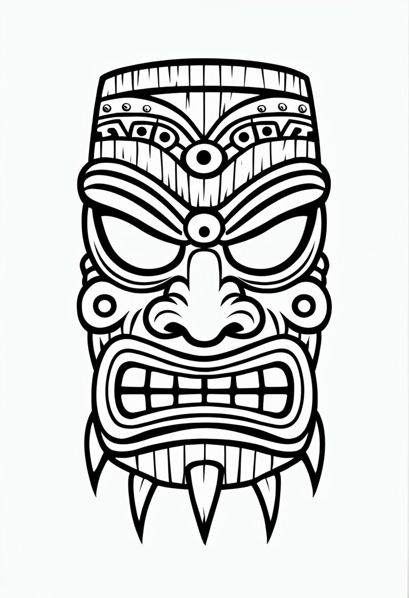 Bold Black and White Tiki Mask Line Art Coloring Page