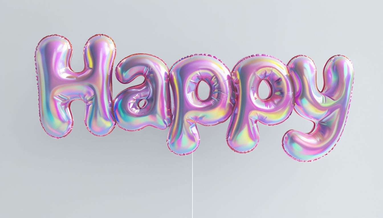Iridescent Happy Balloon Text with Playful Colors Background Virtual Backgrounds