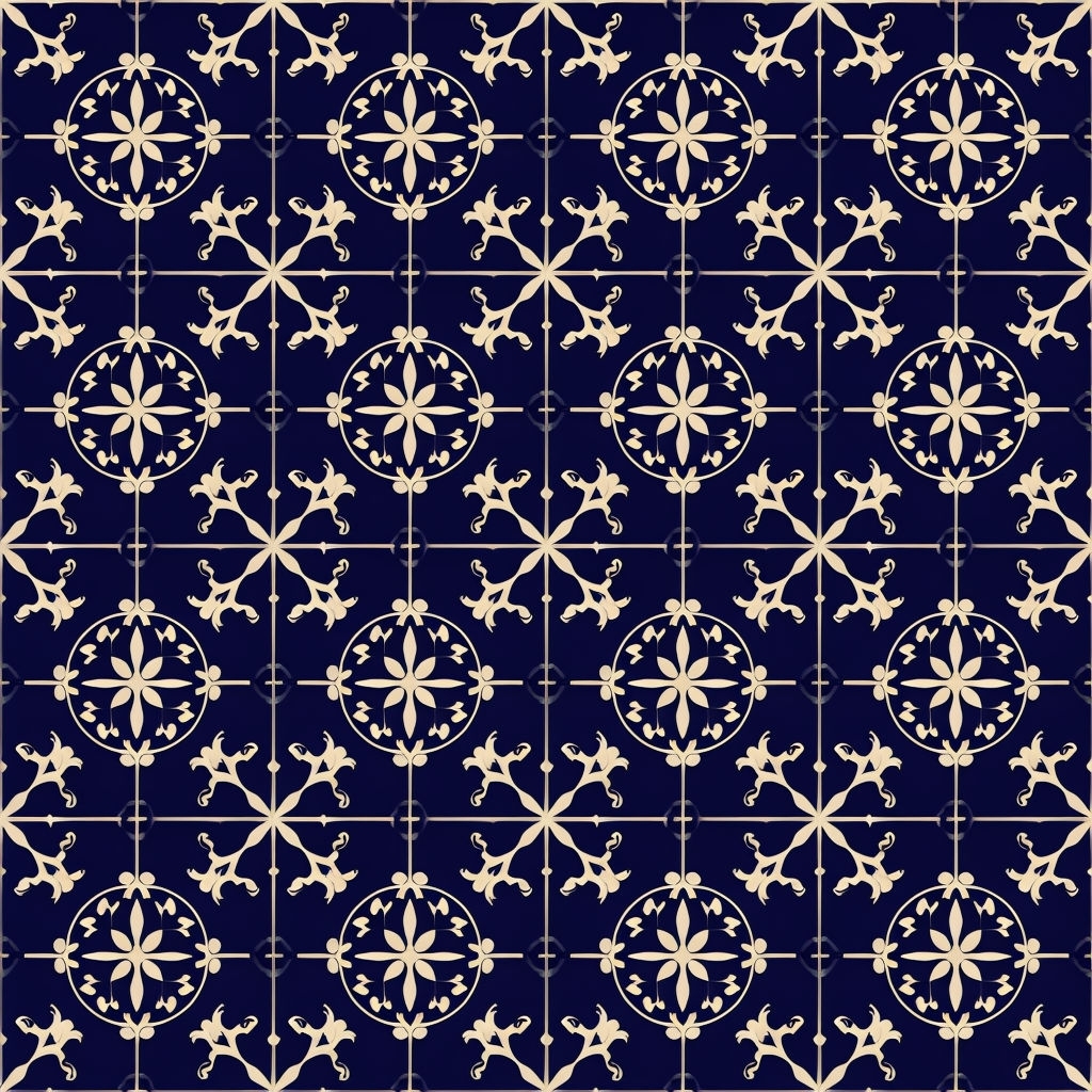 Intricate Symmetrical Floral Motif Navy Beige Seamless Pattern