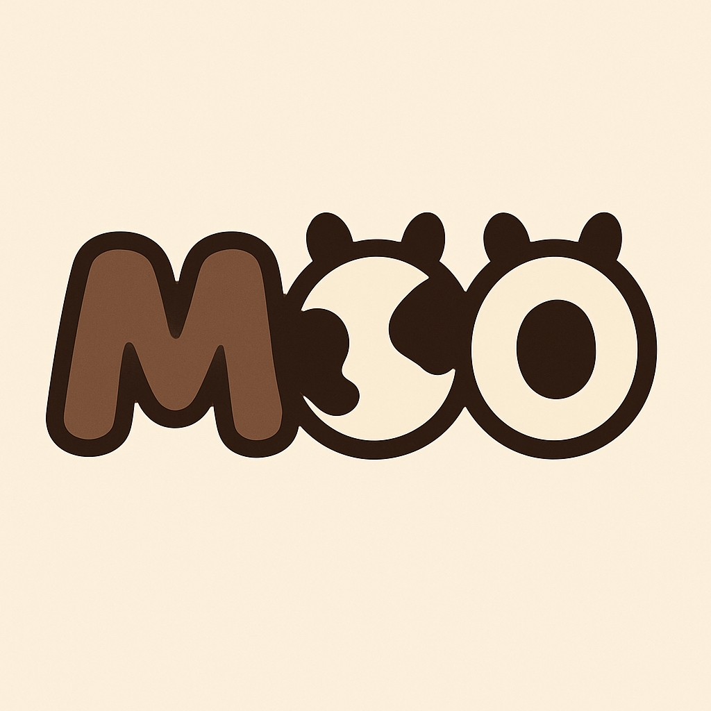 Playful Cartoon MOO Logo with Cow Pattern Design