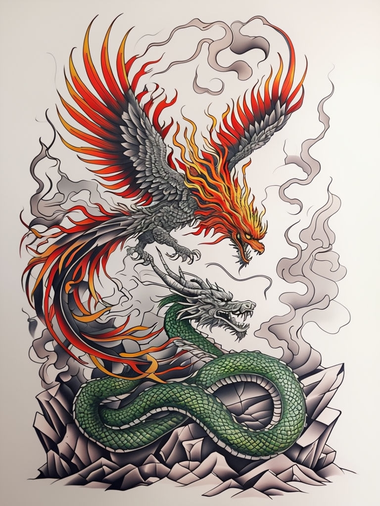 Dynamic Tattoo-Style Phoenix and Dragon Mythical Scene Art