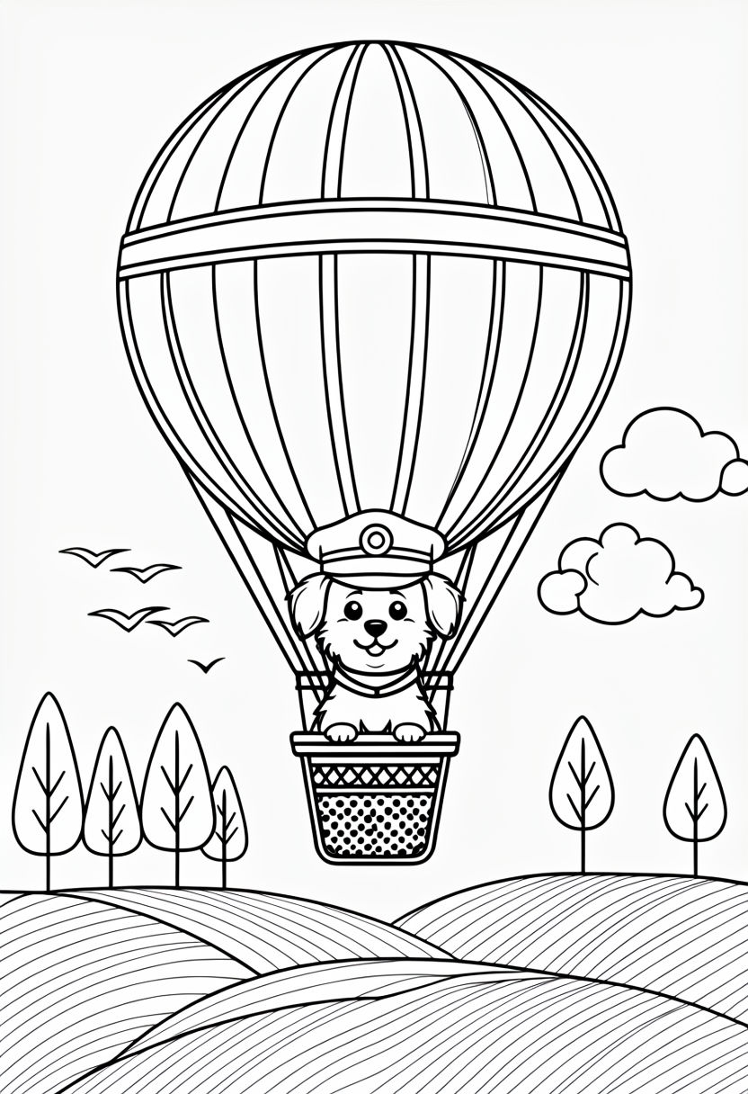 Cheerful Hot Air Balloon with Cartoon Dog Coloring Page