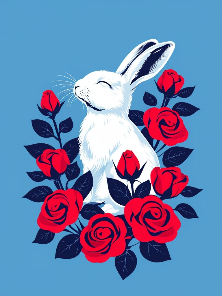 Serene White Rabbit Surrounded by Red Roses Illustration Art