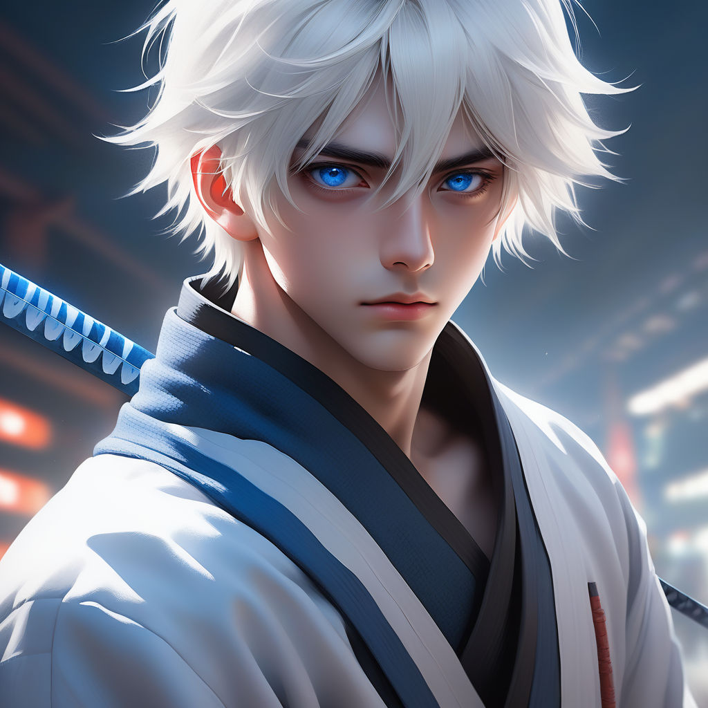 lonely anime character demon slayer white hair over face over strong wind  blue eyes long sword and samurai outfit and shoes