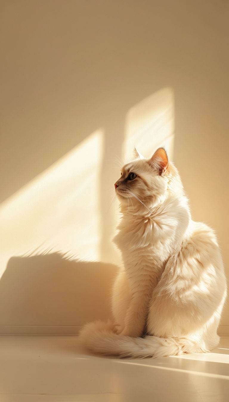 Fluffy Cat Bathed in Warm Natural Light Minimalist Photograph Mobile Wallpaper
