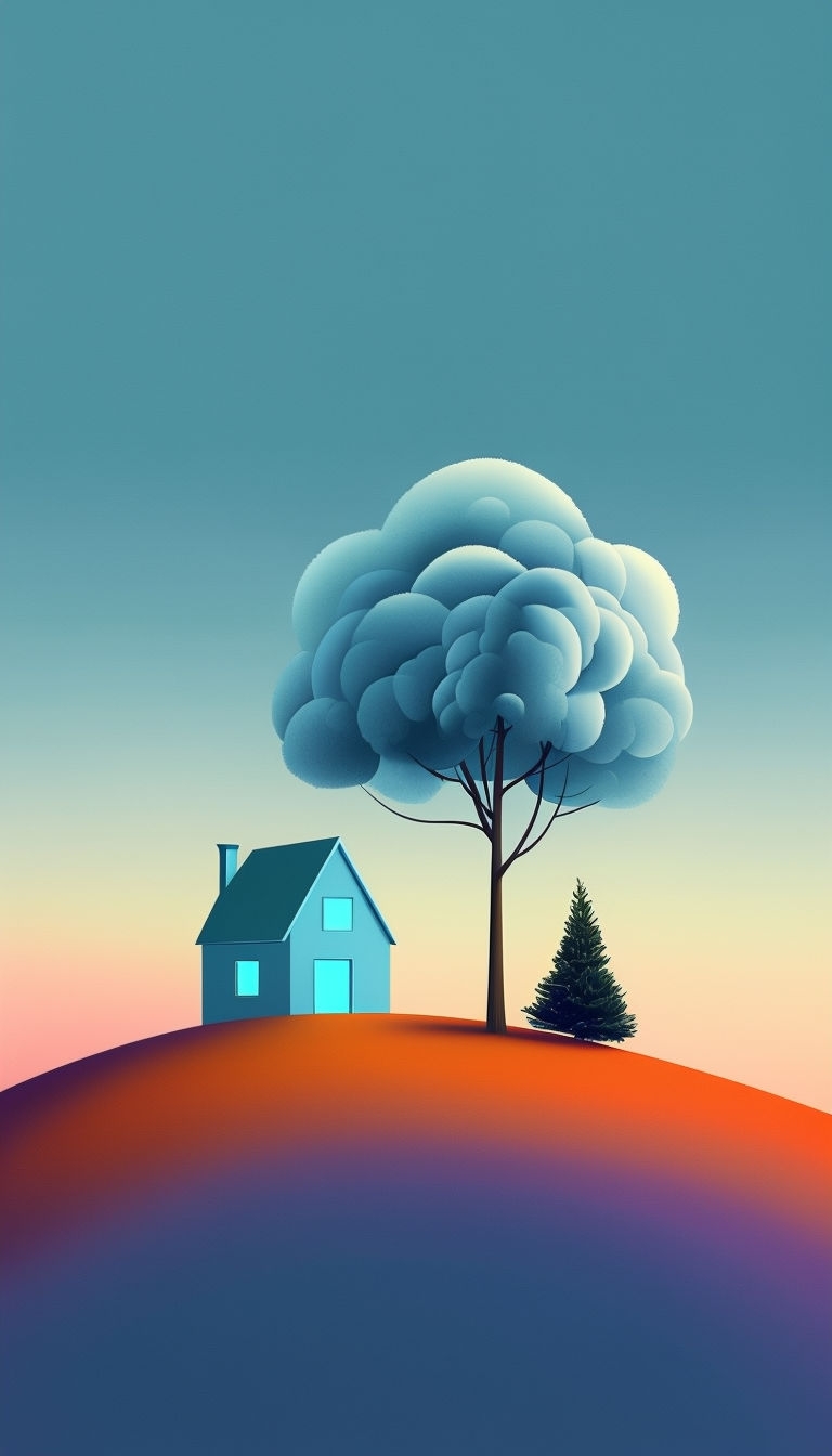 Serene Blue House Landscape with Gradient Sky Mobile Wallpaper