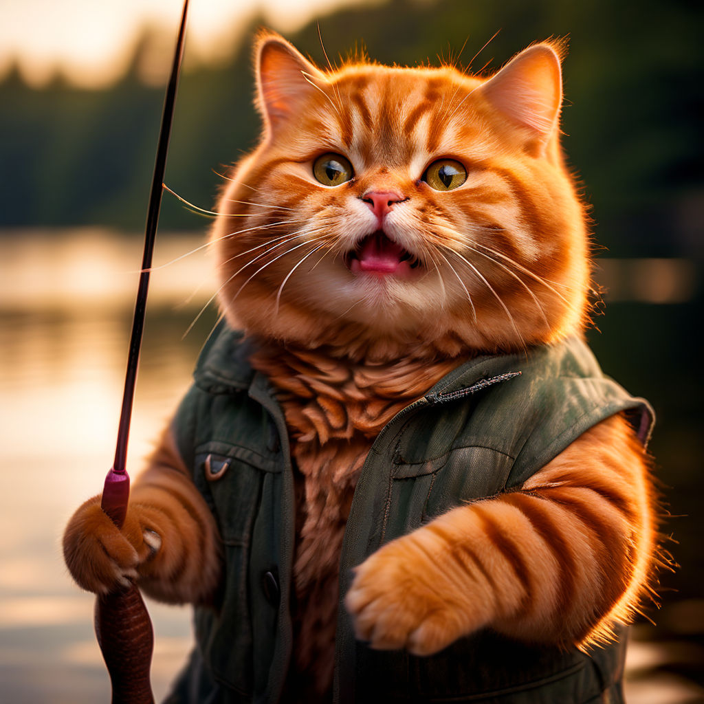 A cat is trying to fish with a rod and line. The bait? A tiny crocheted fish.  The cat thinks it's the real deal and excitedly tries to reel it in. 