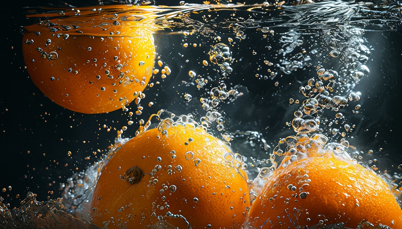 Vibrant Photorealistic Oranges in Effervescent Liquid Background Virtual Backgrounds