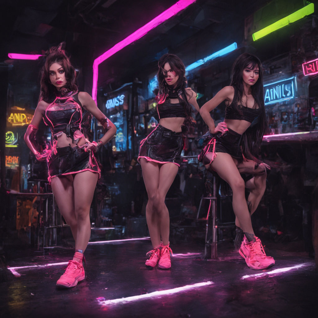 Group of anime girls dancing in neon strip club in kyoto japan girls  dancing on stripper poles cyberpunk