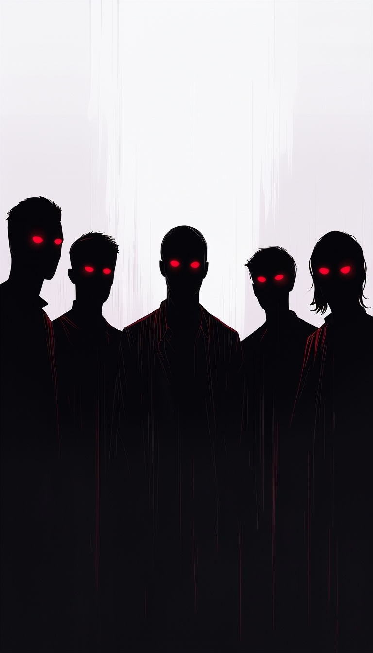 Eerie Shadowy Figures with Glowing Red Eyes Mobile Wallpaper
