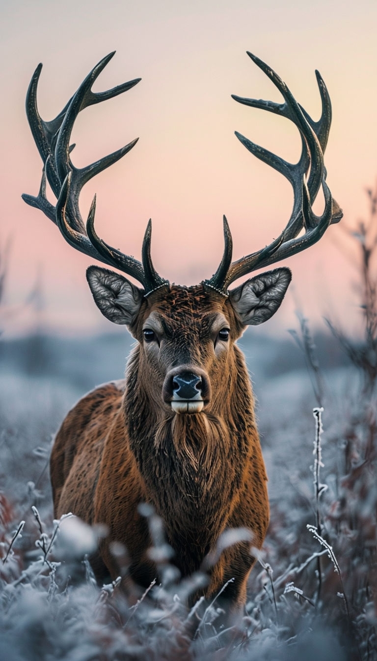 Majestic Red Deer Among Frost-Covered Foliage in Twilight Mobile Wallpaper