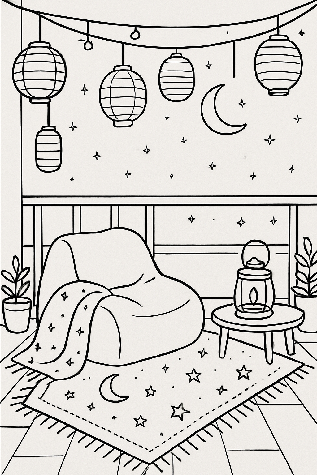 Cozy Indoor Scene with Plush Chair and Lanterns Coloring Book Pages
