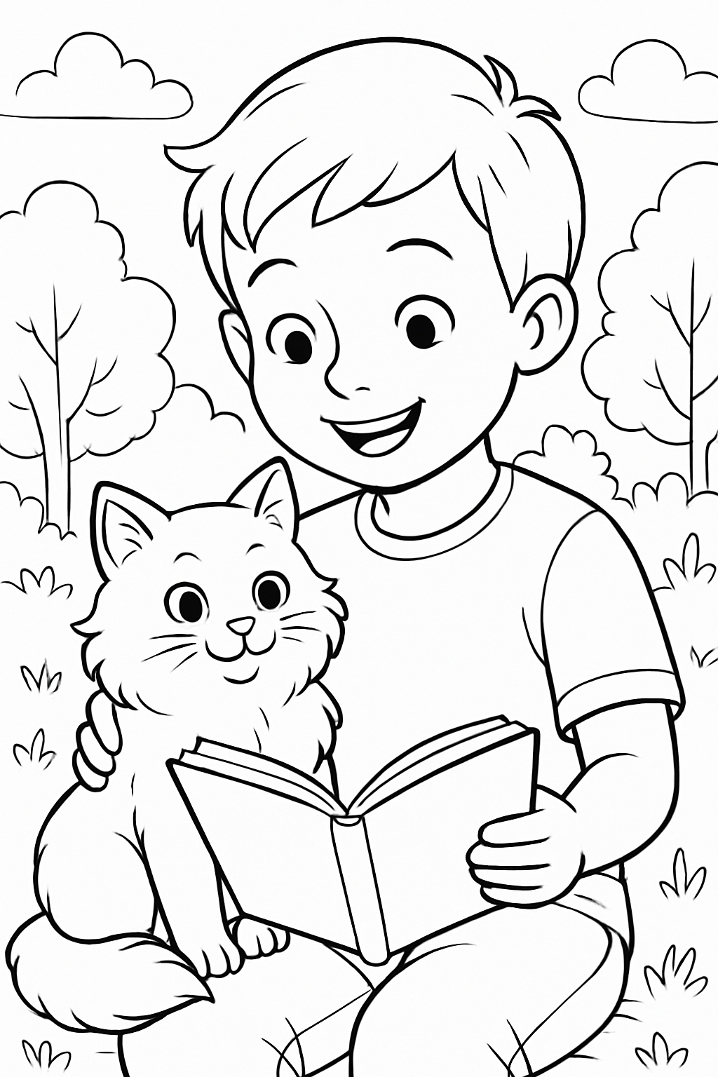 Cheerful Boy Reading to Cat Outdoors Line Drawing Coloring Book Pages