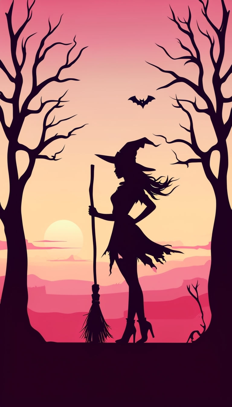 Witch Silhouette Against Spooky Sunset Sky Illustration Mobile Wallpaper