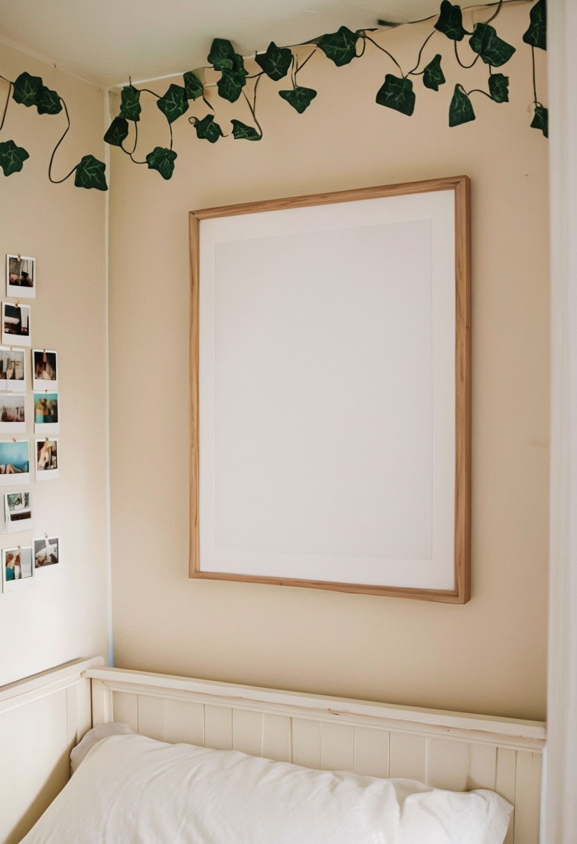 Cozy Bedroom with Blank Frame and Polaroid Photos Mockup