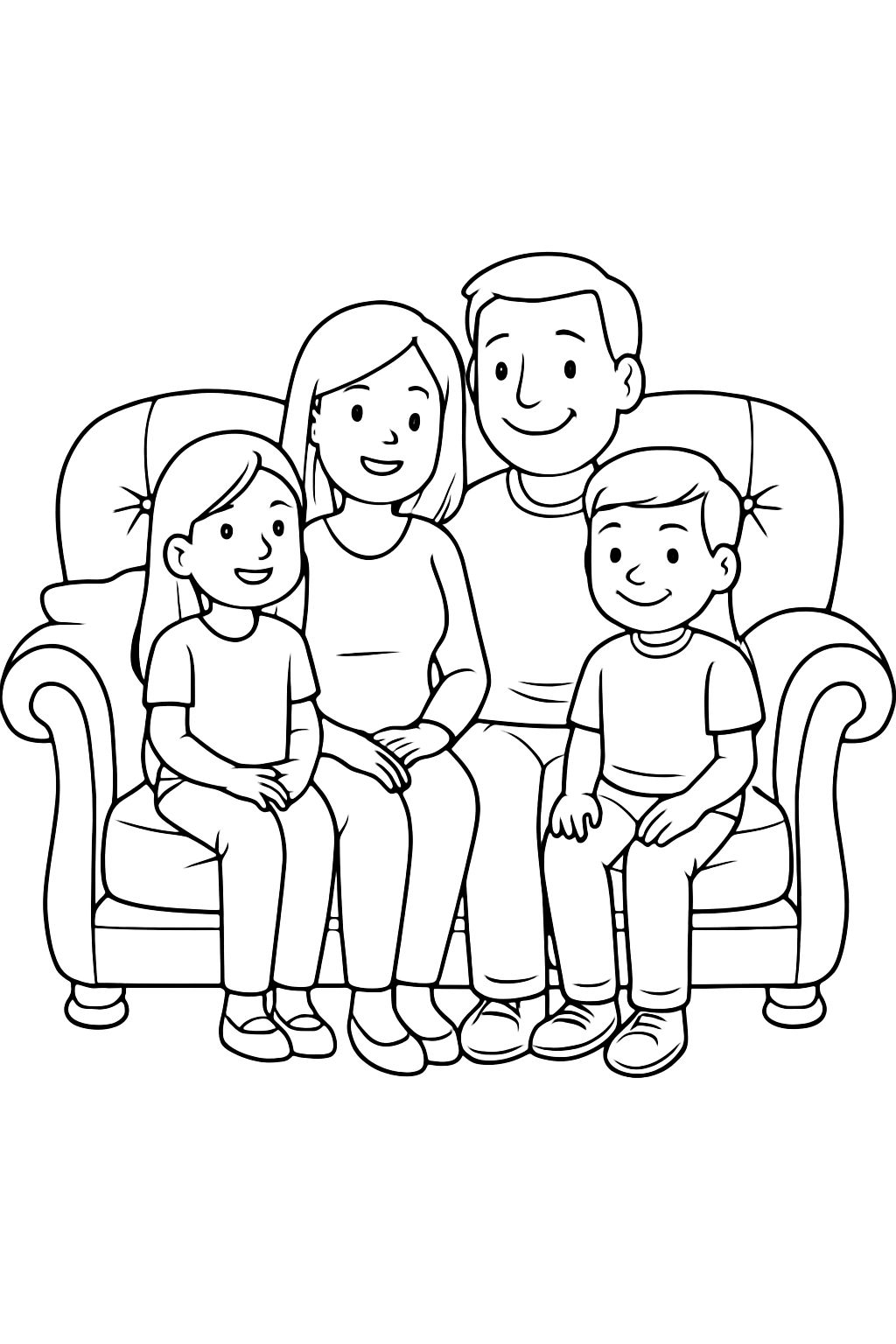 Cartoon Family of Four on Sofa Line Drawing Coloring Page