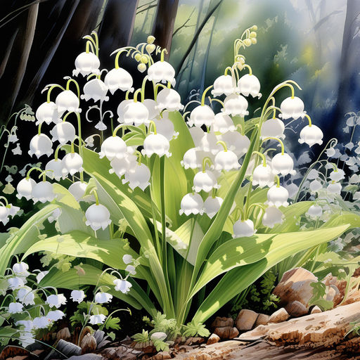 Prompt: Watercolor depiction by Greg Rutkowski of a lily of the valley flower bed featuring magnificent white bells, nestled in a forest with a small dirt path winding through, sharp focus on the foreground flora, intricate details of the petals and leaves, highly detailed studio-style photographic composition, with a seamless blend of natural and studio lighting, natural light, ultra fine, vivid colors.