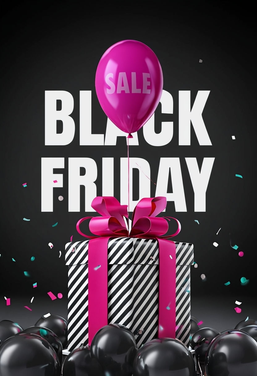 Festive Black Friday Gift Box Promotion with Balloons Poster
