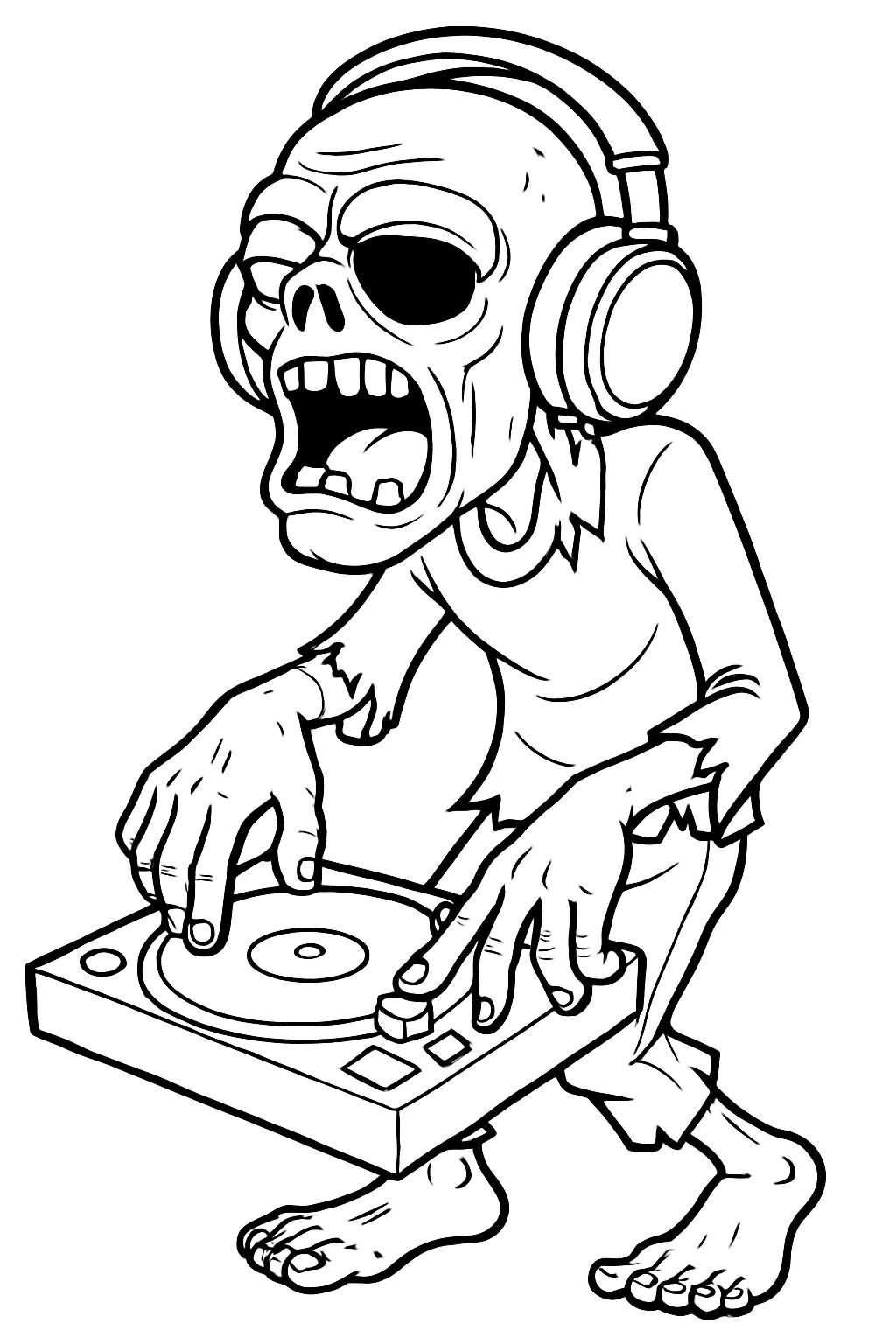 Energetic Zombie DJ Cartoon Illustration for Coloring Book Pages
