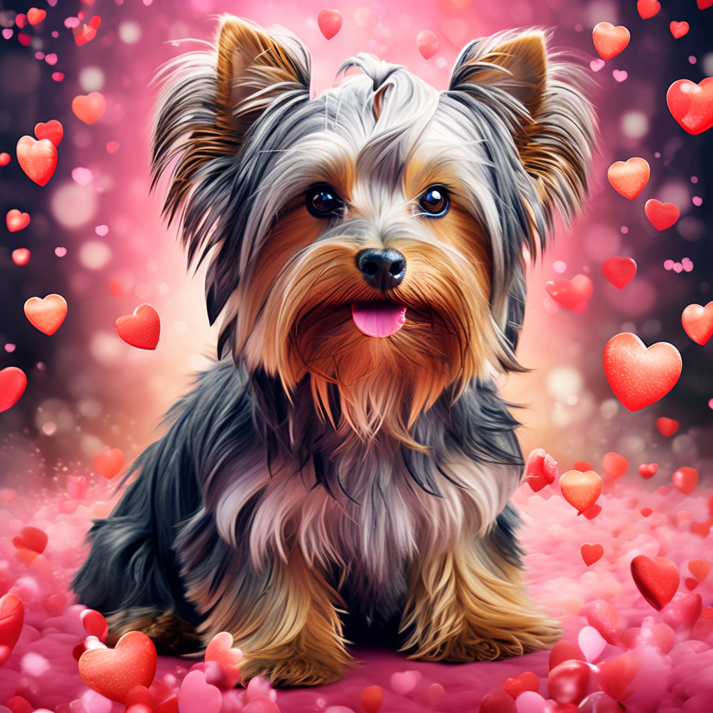 Prompt: a long haired yorkie with kisses and hearts