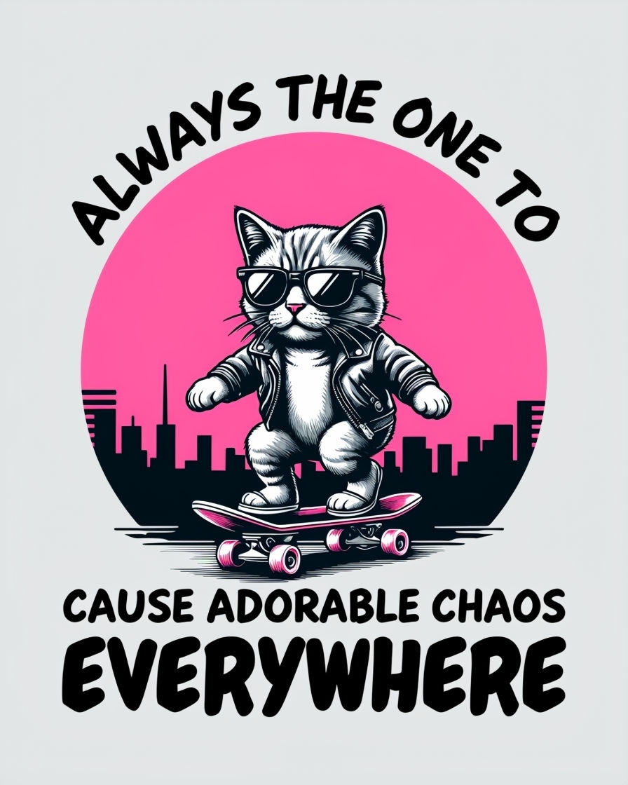 Cool Vintage Cat Skateboard Design with Text T-Shirt